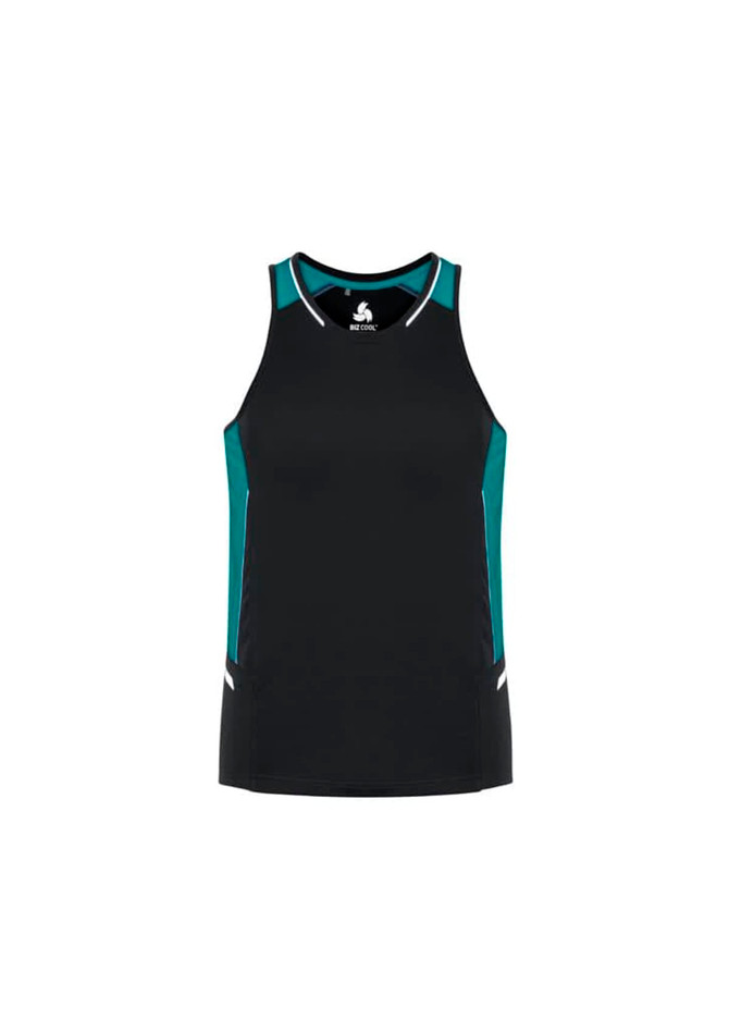 A black men's singlet featuring teal accents and a logo at the centre.