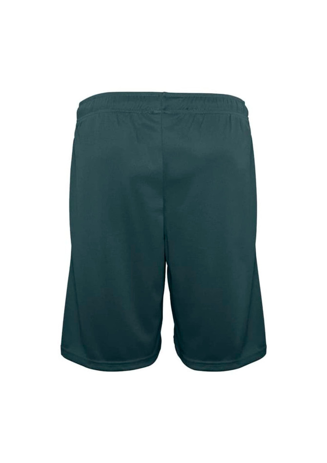 A pair of dark green sports shorts with an elastic waistband and no visible logos.