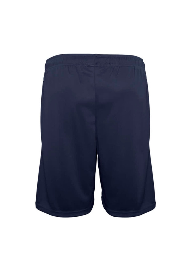 Navy sports shorts featuring an elastic waistband and a simple design, with a branding logo present.