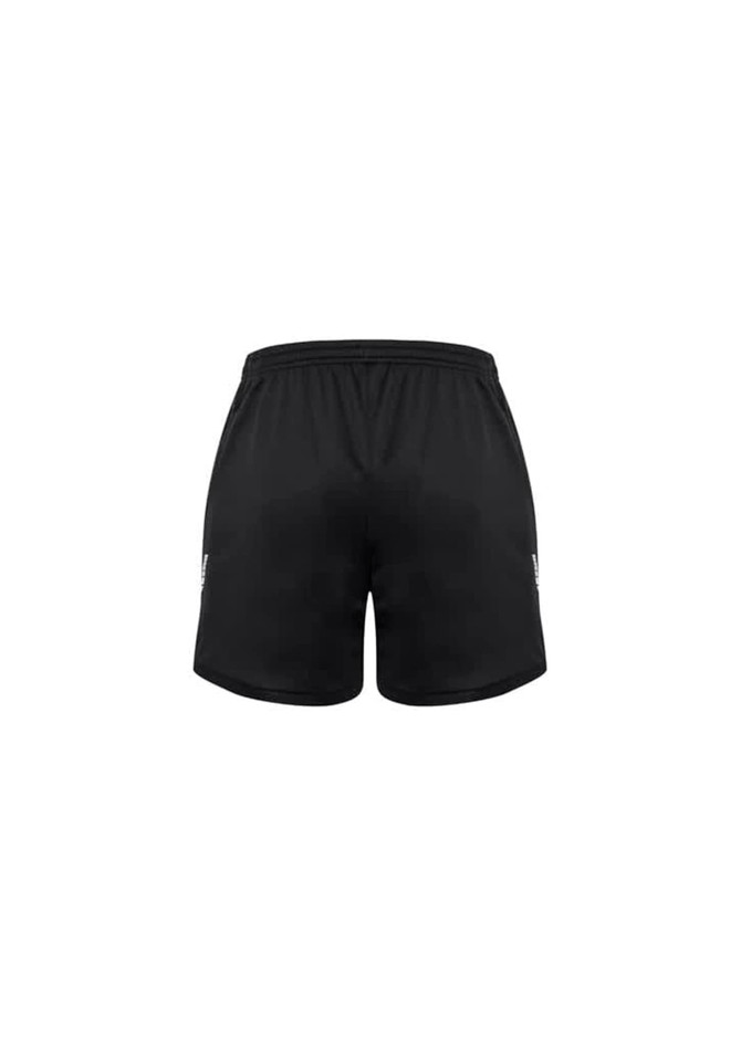 A pair of black sports shorts with an elastic waistband and a logo on the side.