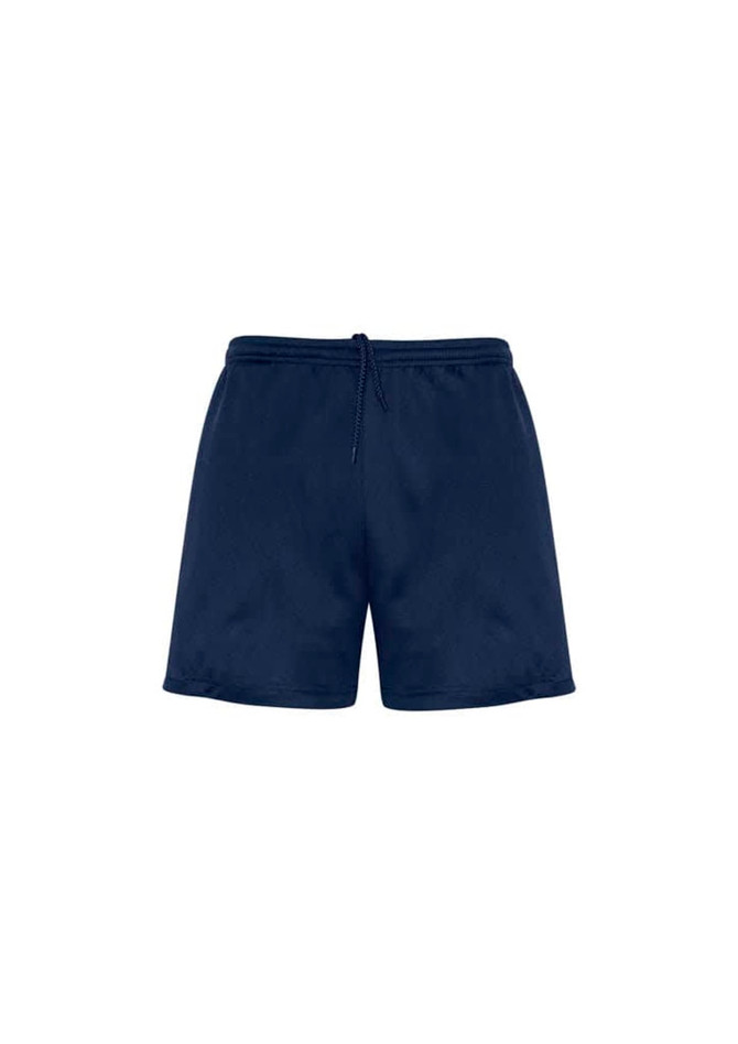 A pair of navy blue sports shorts with an adjustable drawstring waistband and a logo.