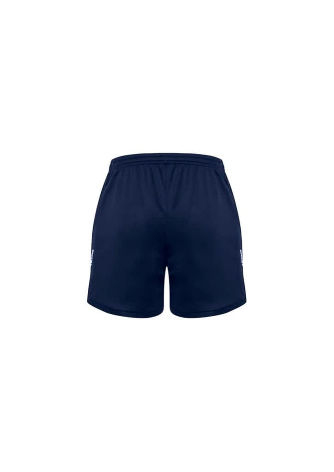 Men's sports shorts in navy blue, featuring a smooth fabric and an unidentified logo on the side.