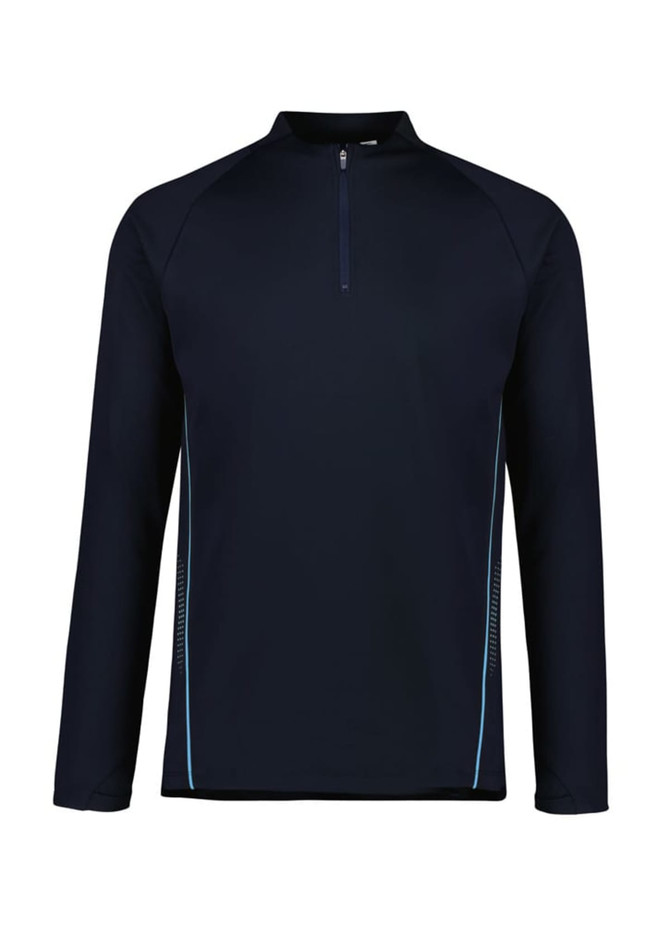 A unisex mid-layer top in navy with a zip collar and light blue detailing, featuring a logo.