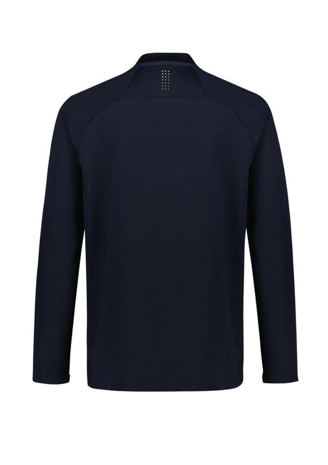 A navy unisex mid-layer top with long sleeves, featuring a logo on the back.