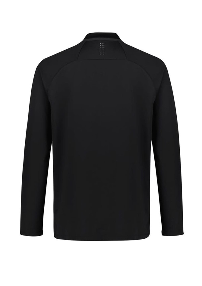 A black unisex mid-layer top with long sleeves and a back panel design, featuring a logo.