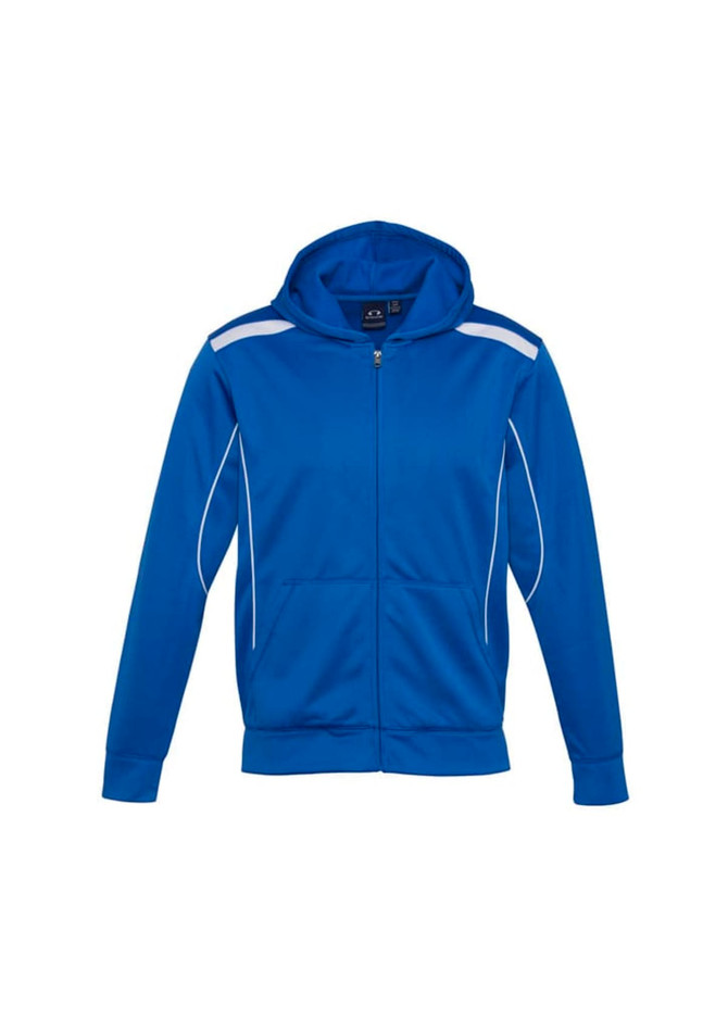 A bright blue hoodie with a zippered front and white detailing, featuring a hood and pockets.