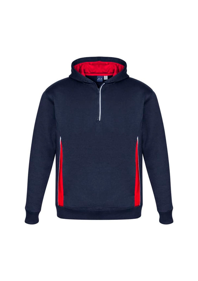 A navy hoodie with a red inner lining and side accents, featuring a zip front and a logo.