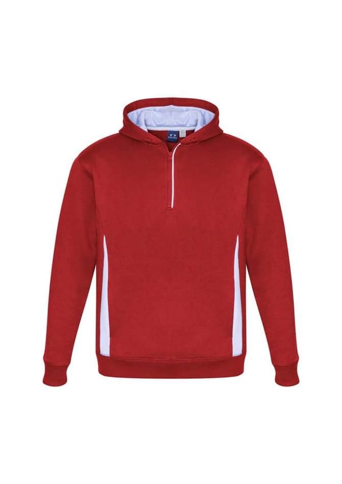 A red and white Kids Renegade Hoodie featuring a half-zip and a hood. The hoodie has a logo on it.