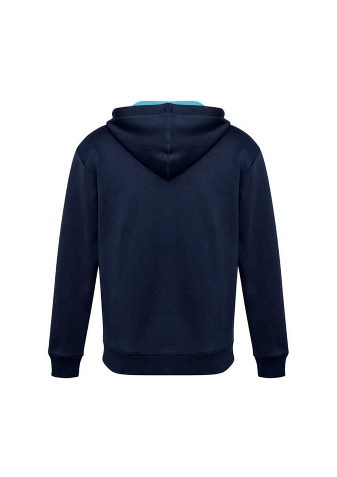 A navy hoodie with a blue lining, featuring a hood and long sleeves. It has a logo on the back.