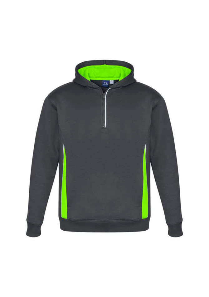 A hooded jumper in dark grey with bright lime green side panels and interior lining. It features a zippered collar and has a logo.