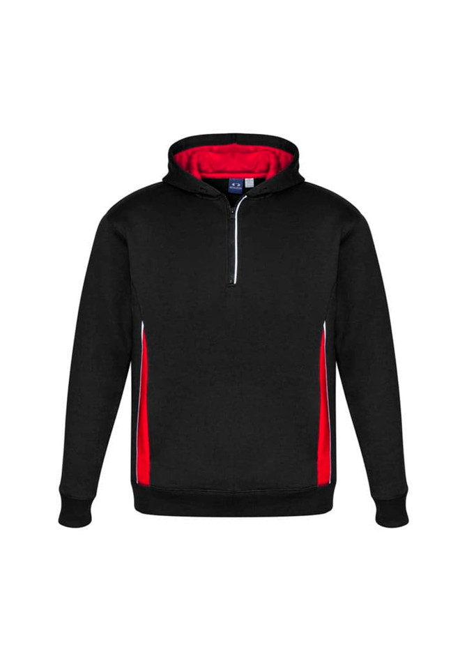 A black hoodie with red accents and a half-zip design. It features a logo on the fabric.