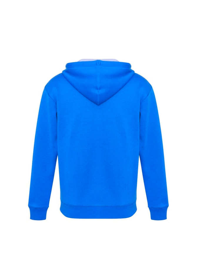 A blue hoodie with a kangaroo pocket and hood, featuring a logo on the back.