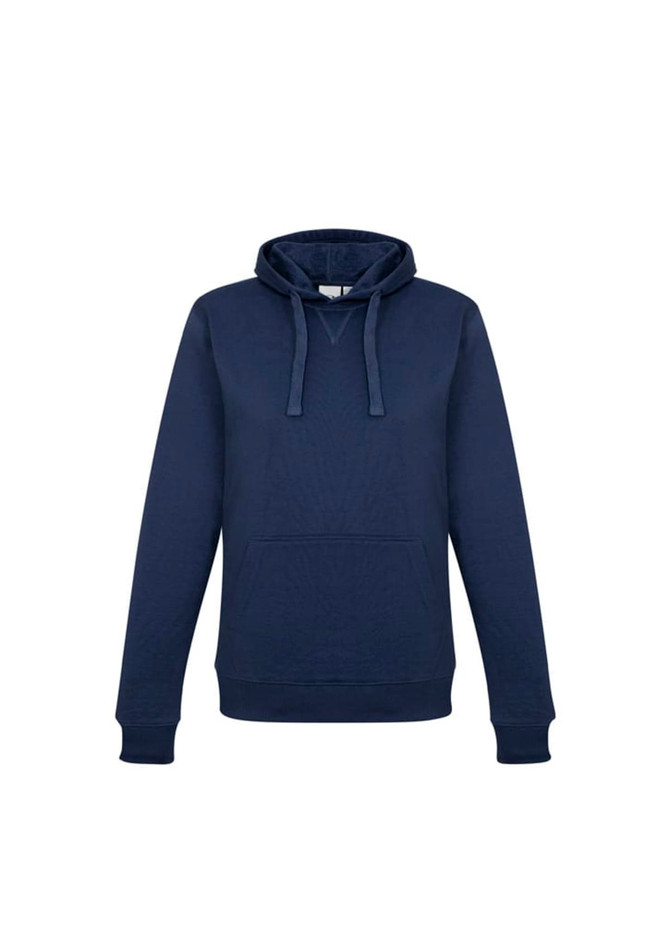 A navy women's crew hoodie featuring a front pocket and a drawstring hood, with a logo on it.