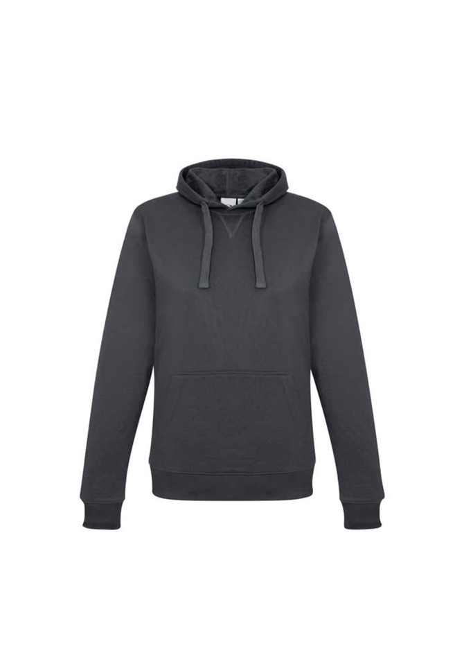 A grey women's crew hoodie with a front pocket and a drawstring hood, featuring a logo on the chest.