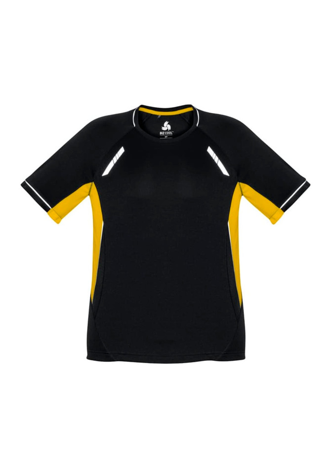 A black and yellow short sleeve tee with reflective accents and a logo on the front.