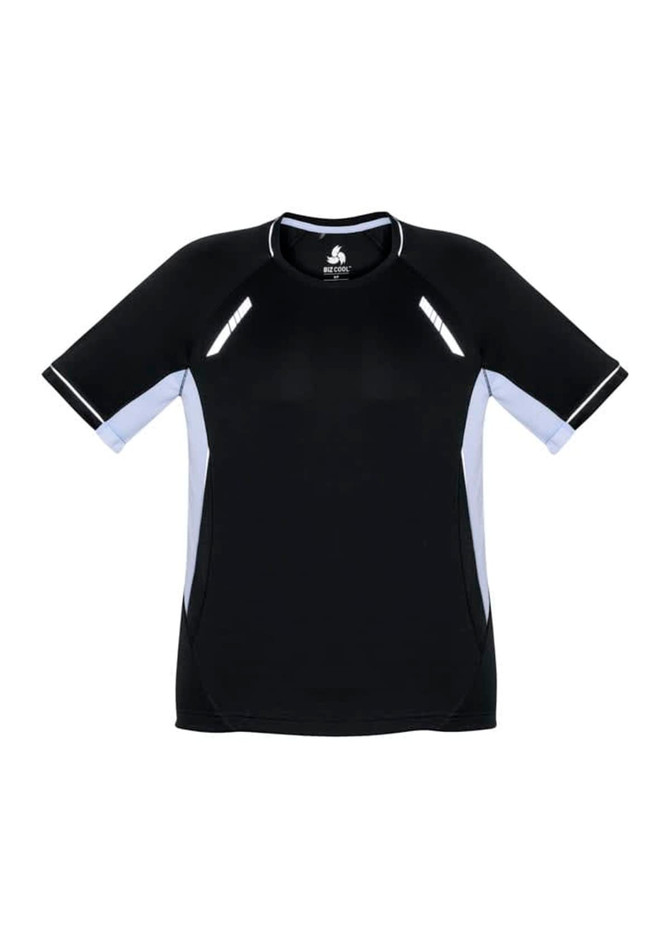 A black short sleeve tee with light blue accents and a logo. Suitable for kids, featuring a sporty design.