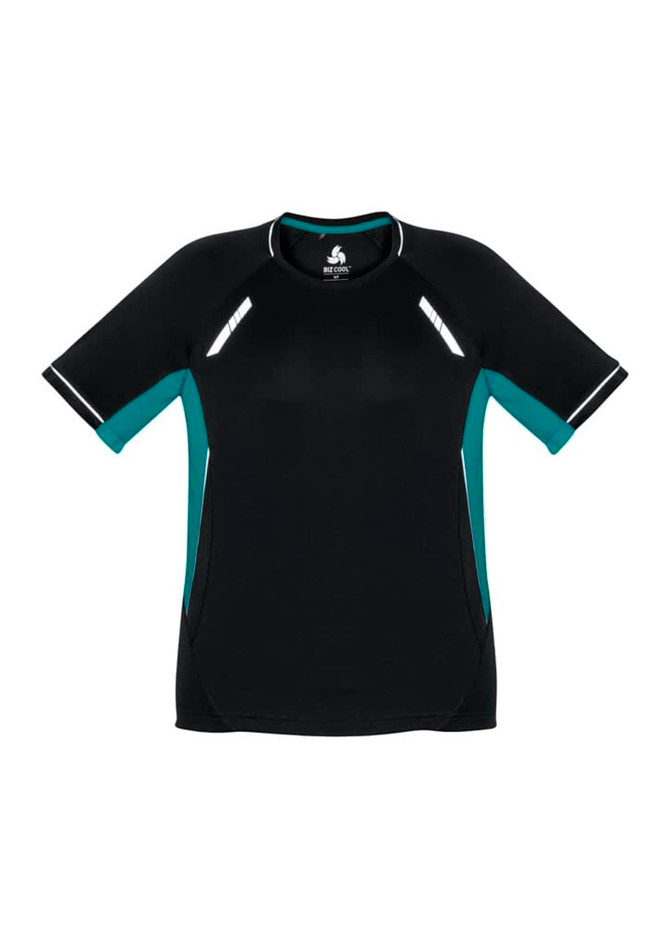 A short sleeve T-shirt in black and teal with reflective detailing and a logo on the front.