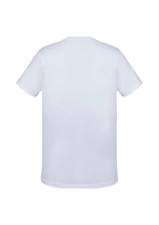 A plain white short sleeve tee with a standard crew neck and a fitted silhouette. It features a logo on the back.