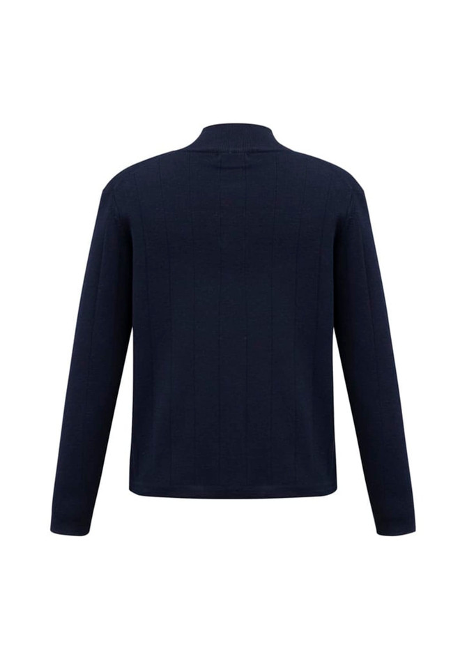 A navy blue 80/20 wool pullover featuring a ribbed texture and a high collar, with a logo on the back.