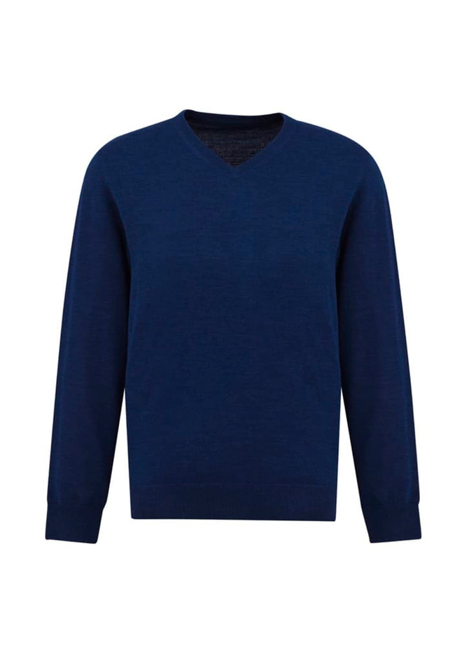 A navy blue men's knitted pullover with a V-neck and long sleeves, featuring a logo.