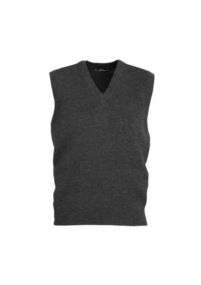 A charcoal grey men's woolmix knit vest featuring a V-neck design and ribbed hem. Includes a logo on the label.