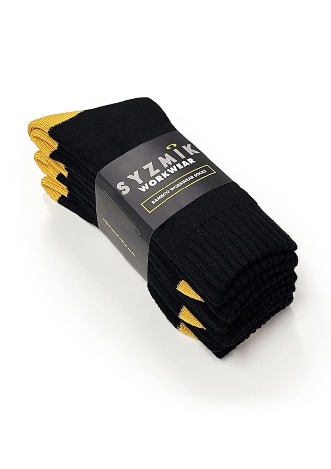 A pack of three bamboo work socks in black with yellow accents, featuring a branded label.