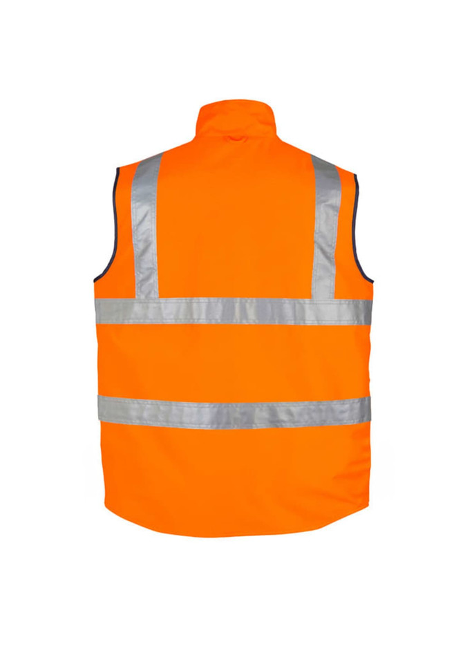 A bright orange lightweight waterproof vest with silver reflective stripes, featuring a logo on the back.