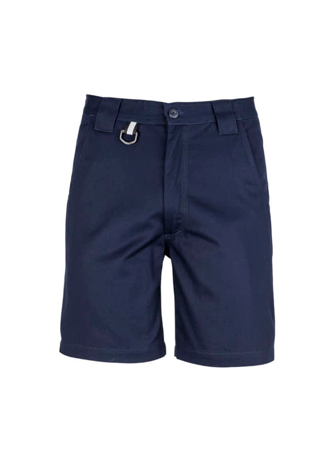 A pair of men's plain utility shorts in navy blue, featuring a belt loop and a logo.
