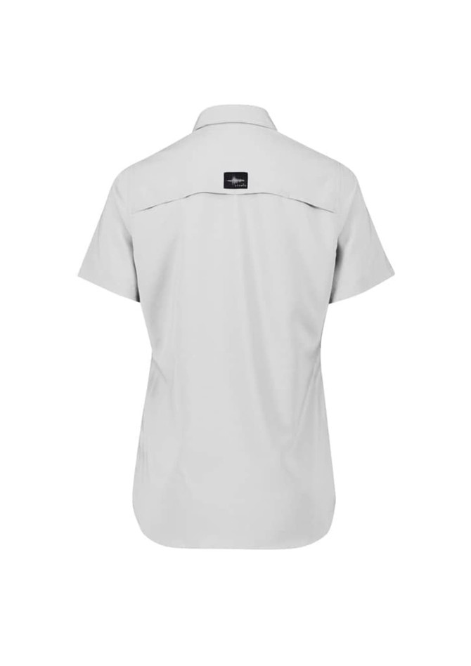 A short sleeve women's outdoor shirt in light grey with a logo on the back.