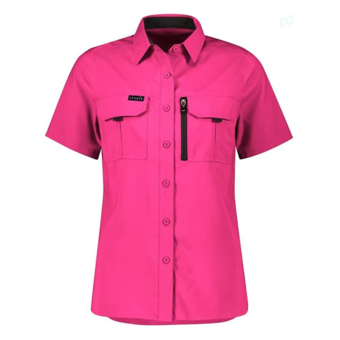A pink women's outdoor short sleeve shirt featuring two pockets and a zippered pocket. It has a logo on the chest.