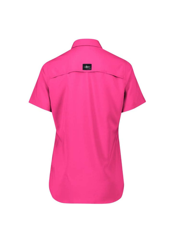 A women's outdoor short sleeve shirt in bright pink, featuring a logo on the back.