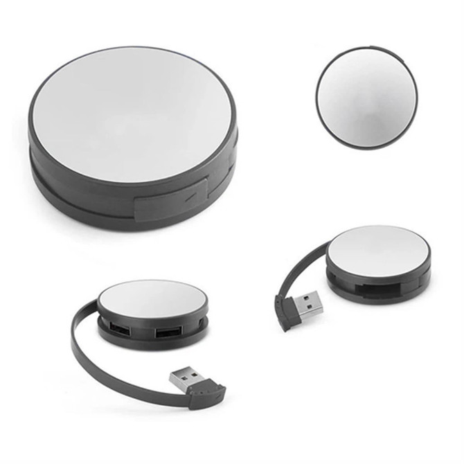 A round, silver and black USB hub with a retractable cable and two USB ports. It has a smooth, mirrored surface and a logo.