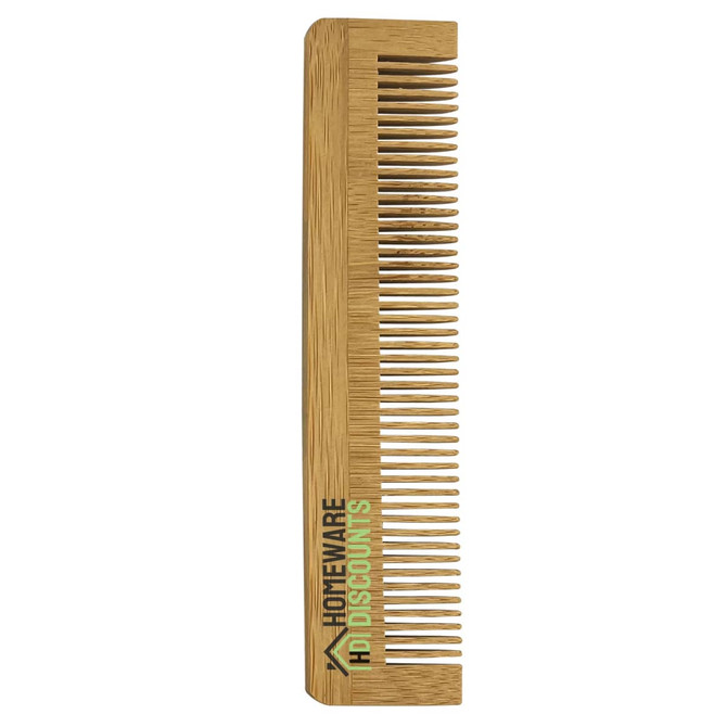 A bamboo comb with a simple design, featuring fine and wide teeth, and a logo on the side.