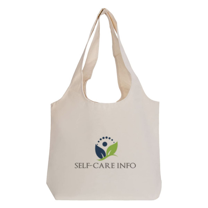 A cream tote bag with a curved top, featuring a logo and text related to self-care.