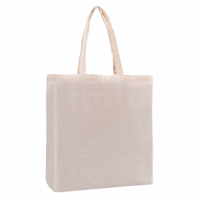 A beige calico tote bag with gussets and matching handles. It features a logo on one side.