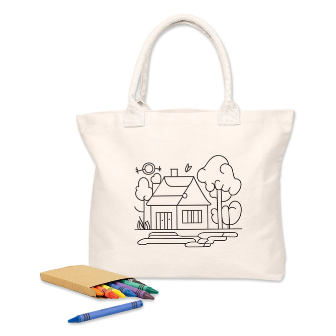A natural-coloured reusable grocery bag with a colouring design featuring a house, trees, and a sun, alongside crayons.