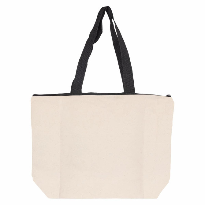 A cream tote bag with black handles and a zip closure. It features a logo on the front.