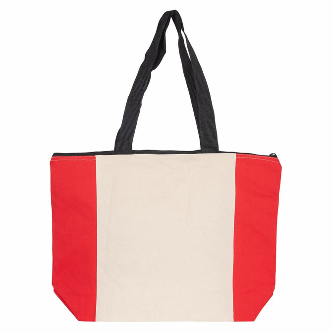 A tote bag with a cream body, red side panels, and black handles, featuring a zip closure and a logo.