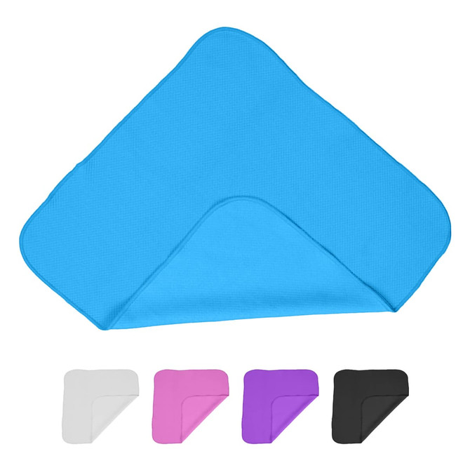 A triangle-shaped cooling towel in bright blue, with options in white, pink, and black below. Features a logo.
