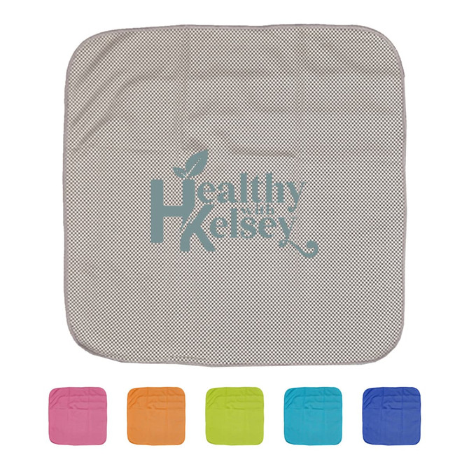 A cooling face cloth in grey with a logo, accompanied by pink, orange, green, and blue square versions.