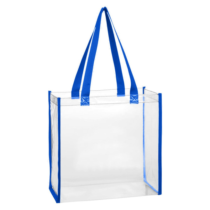 A clear tote bag with blue handles, featuring a simple design and a single compartment.