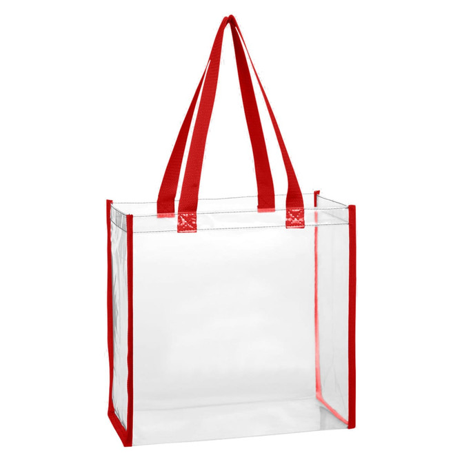 A clear tote bag with red handles and reinforcement, featuring an open design for visibility.