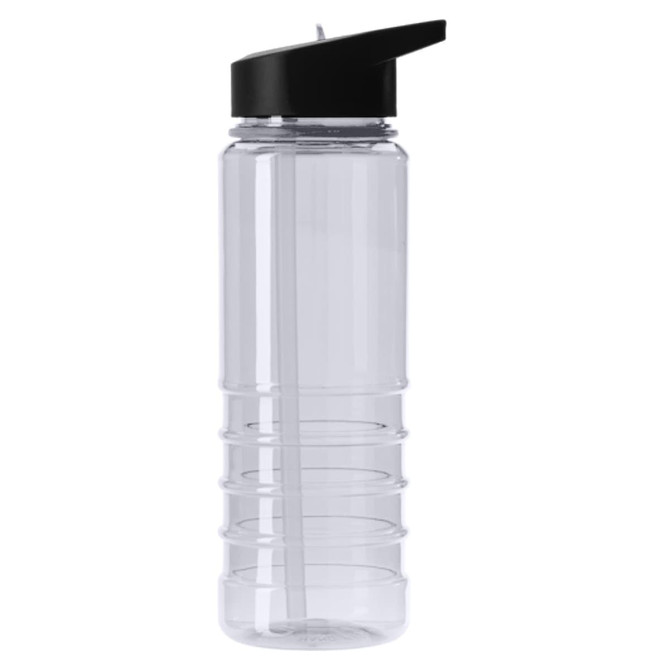 A drink bottle with a clear body and a black lid, featuring a straw and ribbed design for grip.