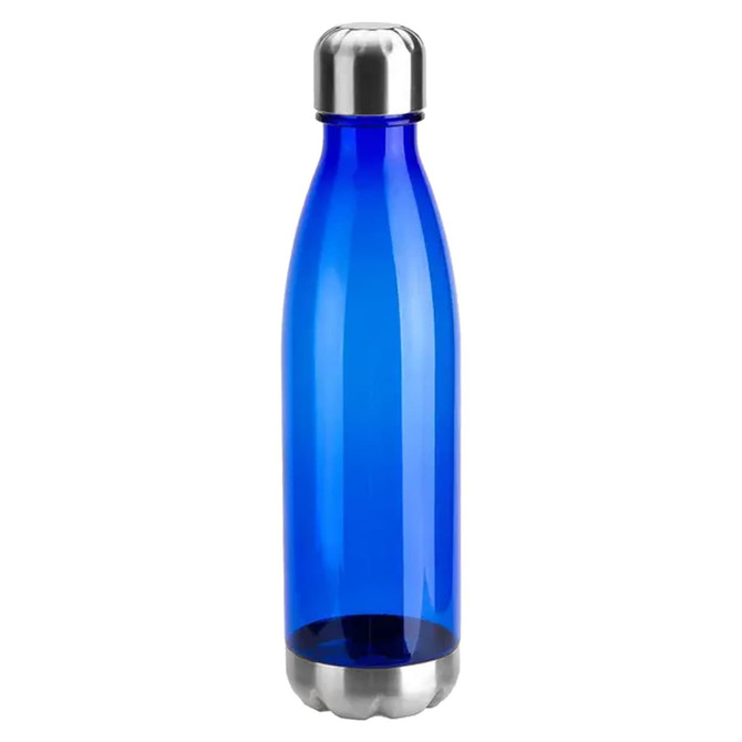 A drink bottle featuring a sleek blue plastic body and a stainless steel cap, with a logo present.