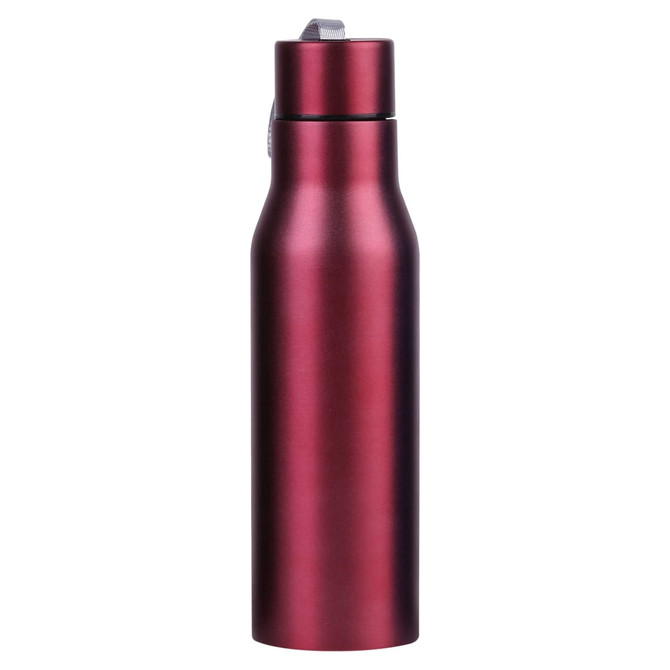 A drink bottle in a sleek, metallic burgundy finish with a secure lid and branding.