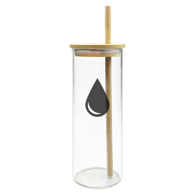 A drink bottle featuring a clear glass body, bamboo lid, and straw, with a decorative drop-shaped design.
