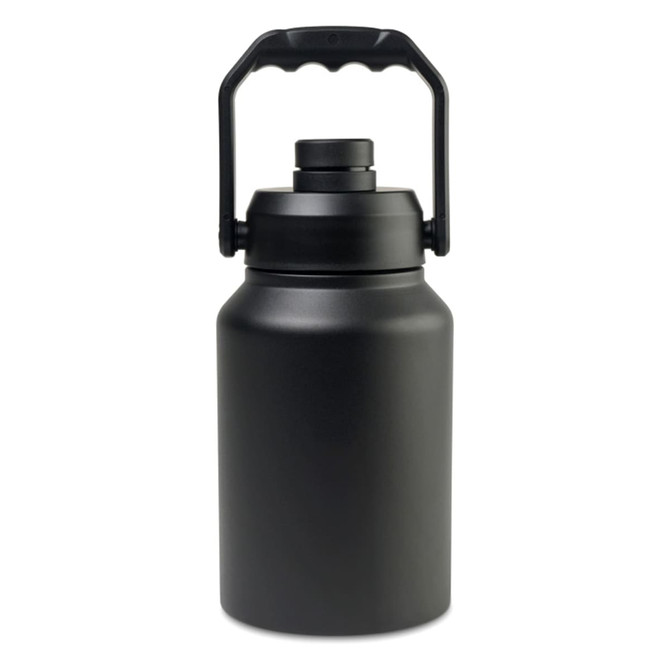 A drink bottle in matte black with a handle and a secure lid. The design features a simple, rounded shape.