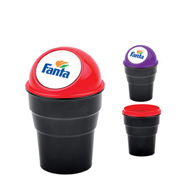 A set of black dustbins for cars, featuring red and purple lids with a Fantа logo on the top.