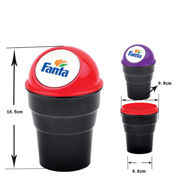 A black dustbin with a red lid, featuring a logo on top, next to a smaller purple lid version.