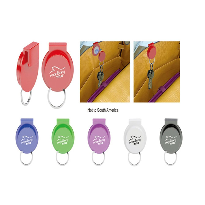 A collection of Handy Hooks in red, purple, blue, green, black, and white, featuring various designs and a keyring.